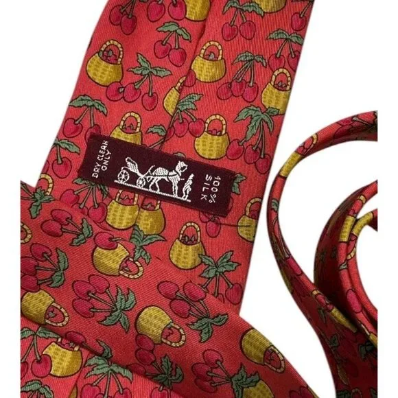 HERMÈS Men's 100% Silk Necktie LUXURY Tie 7430 HA Coral Cherry Backet W:3.5" EUC